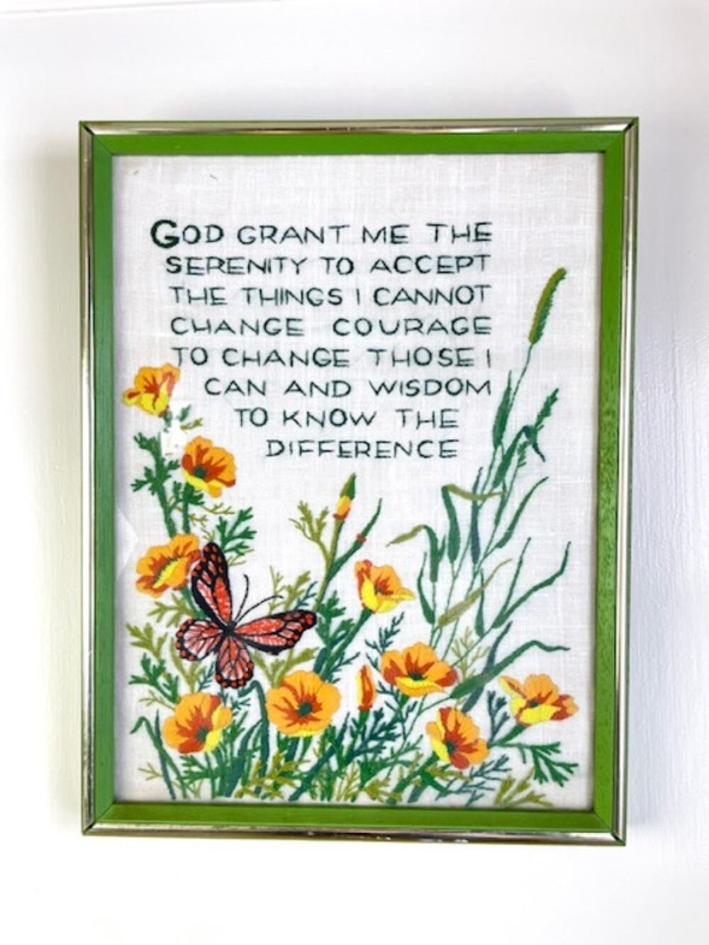 Vintage Serenity Prayer Crewel Embroidery Frame Needlework Butterfly Floral Art